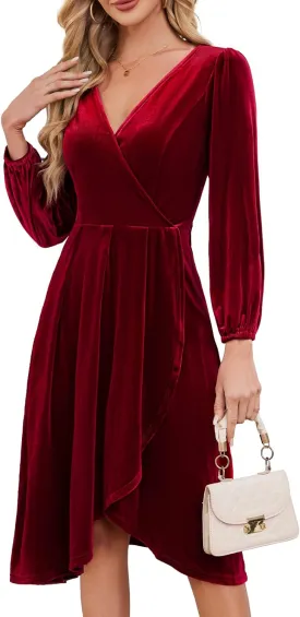 Meetjen Women's V Neck Velvet Formal Long Sleeve Dresses Flowy Fall High Low Elegant 2024 Midi Winter Cocktail Party Dress