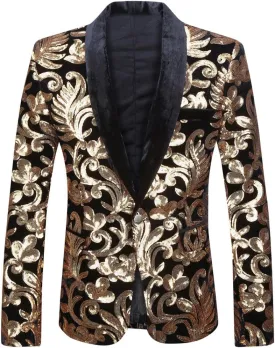 Men Fashion Velvet Sequins Floral Pattern Suit Jacket Blazer