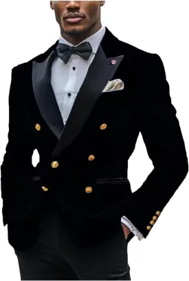 Mens Double Breasted Blazer Jacket Velvet Peaked Lapel Sport Coat Winter Business Formal