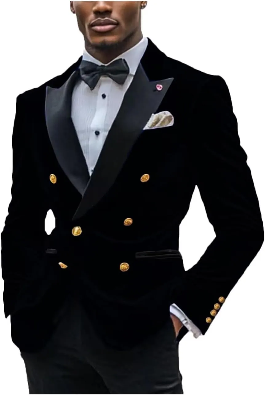 Mens Double Breasted Blazer Jacket Velvet Peaked Lapel Sport Coat Winter Business Formal