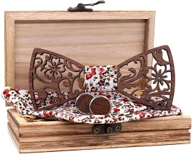Mens Handmade Wood Hollow Bow Tie with Matching Pocket Square and Men's Wooden Cufflinks Set