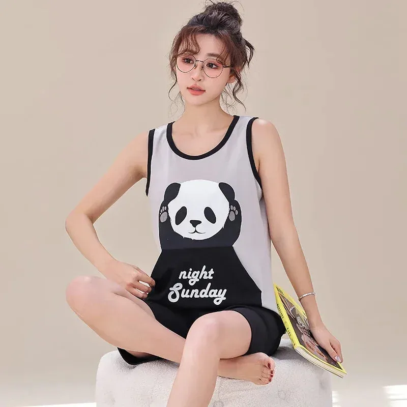 New Summer Plus Size 4XL Soft Cotton Pajamas for Teen Girls Cute Bear Printing Vest Sleepwear Fashion Leisure Women Nightwear