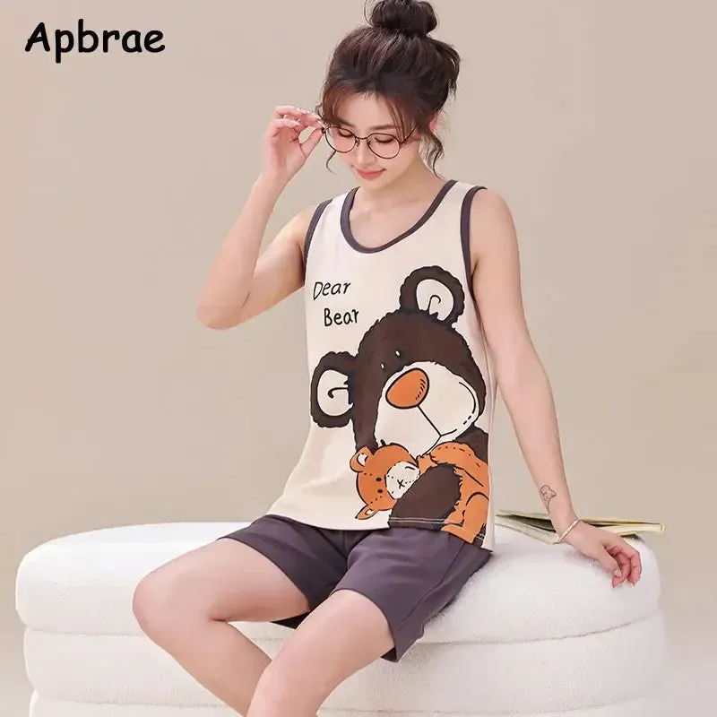New Summer Plus Size 4XL Soft Cotton Pajamas for Teen Girls Cute Bear Printing Vest Sleepwear Fashion Leisure Women Nightwear