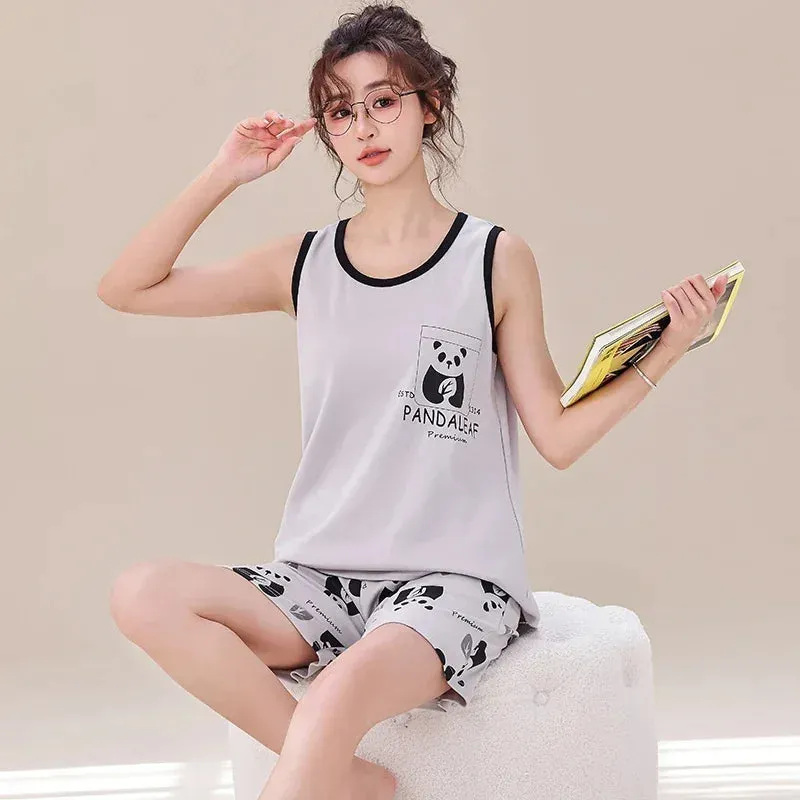 New Summer Plus Size 4XL Soft Cotton Pajamas for Teen Girls Cute Bear Printing Vest Sleepwear Fashion Leisure Women Nightwear
