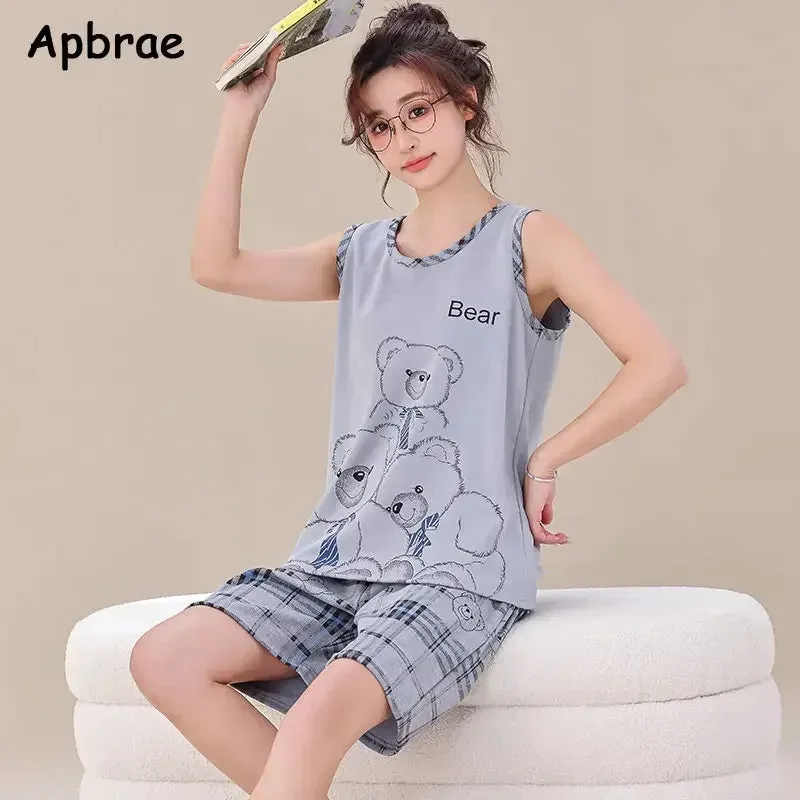 New Summer Plus Size 4XL Soft Cotton Pajamas for Teen Girls Cute Bear Printing Vest Sleepwear Fashion Leisure Women Nightwear