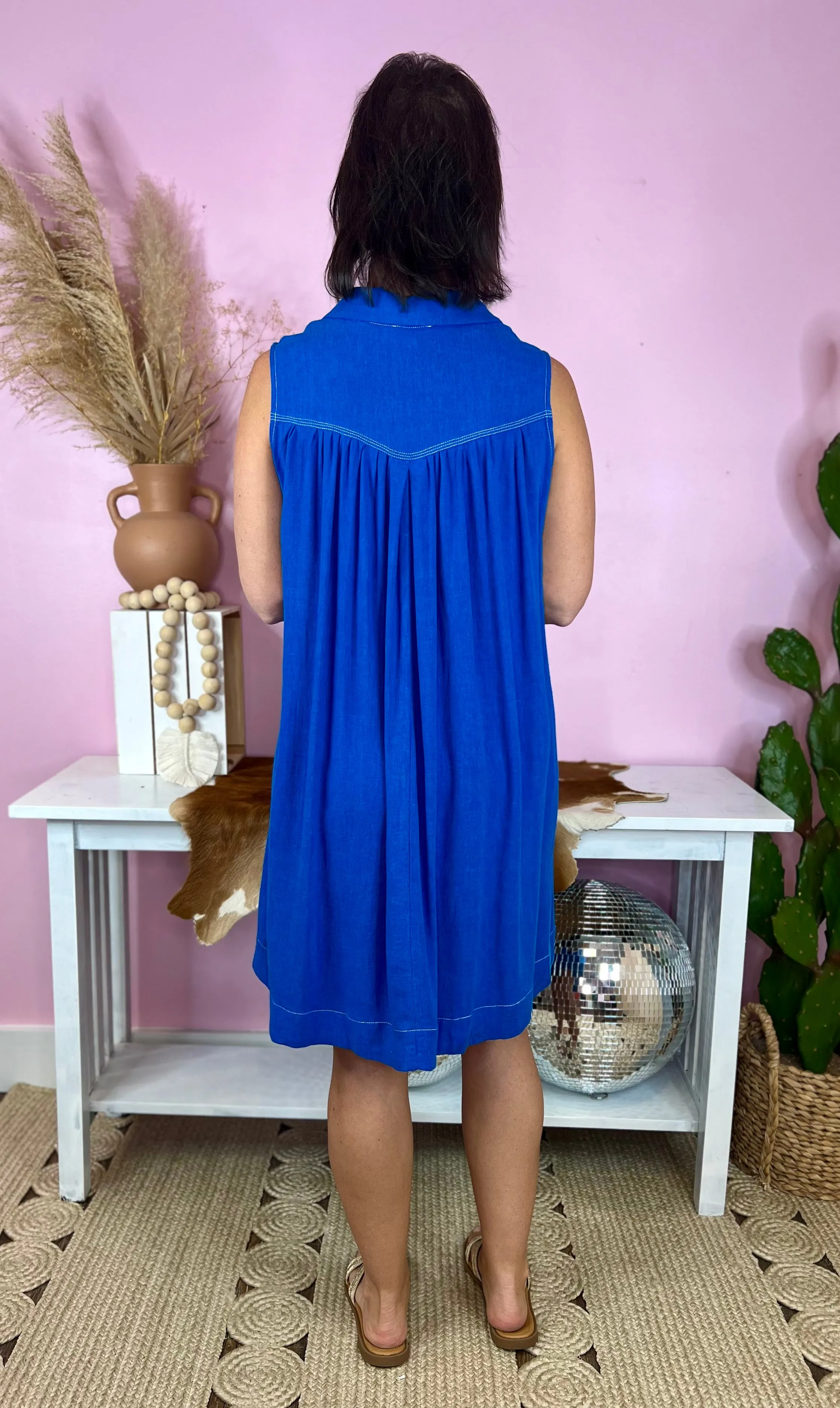 Ocean View Blue Linen Mid Button Sleeveless Mini Dress