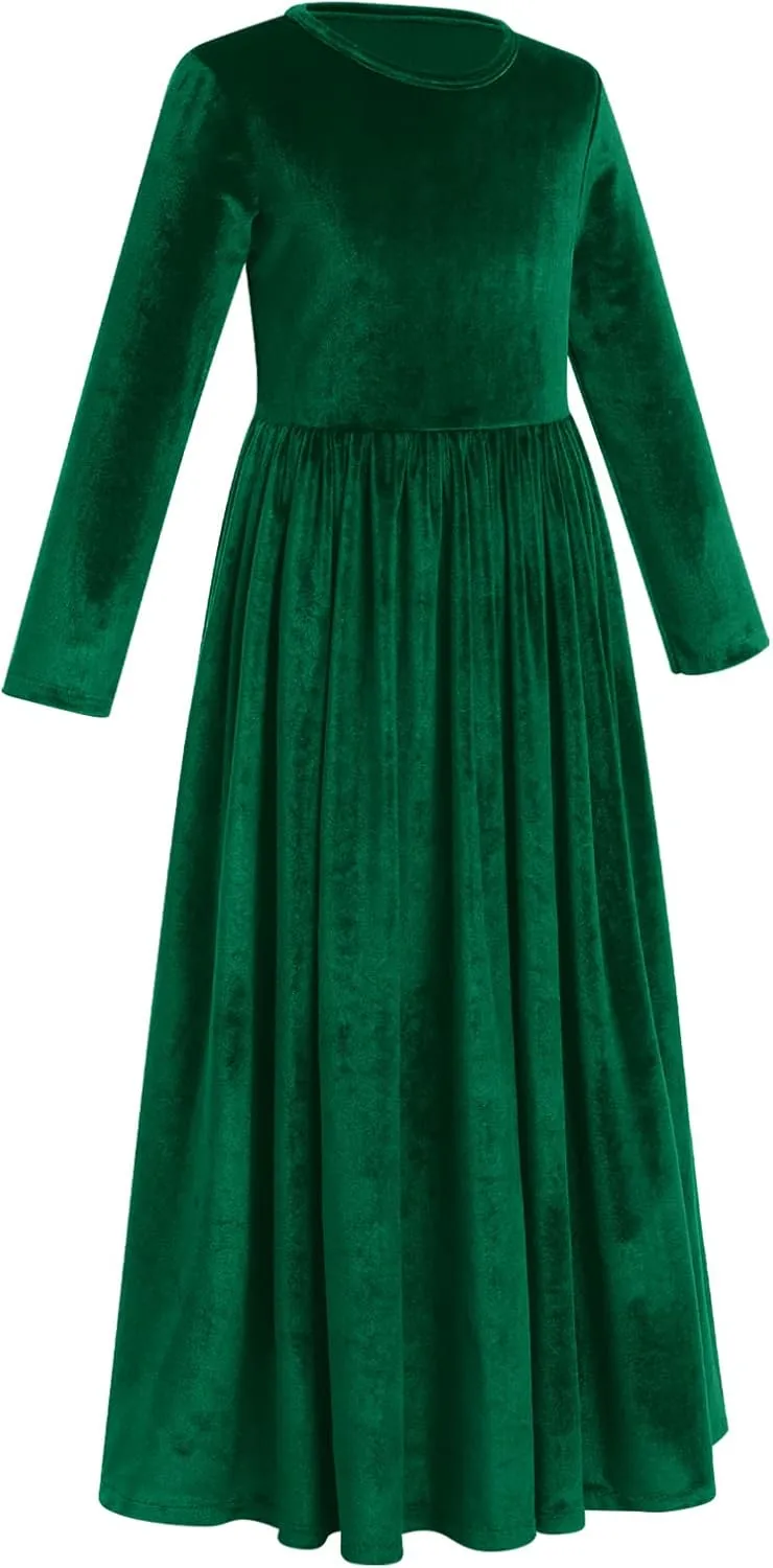 ODIZLI Kids Girls Dresses Long Sleeve Velvet Princess Maxi Dress Christmas Wedding Birthday Party Evening Gown with Pockets