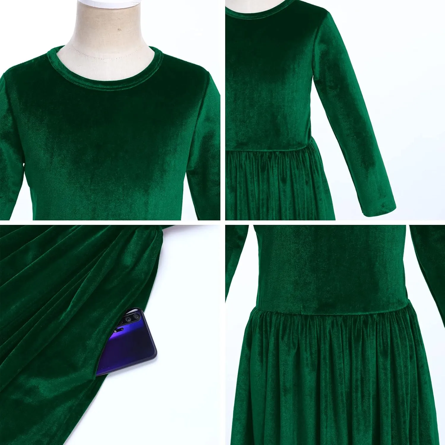 ODIZLI Kids Girls Dresses Long Sleeve Velvet Princess Maxi Dress Christmas Wedding Birthday Party Evening Gown with Pockets
