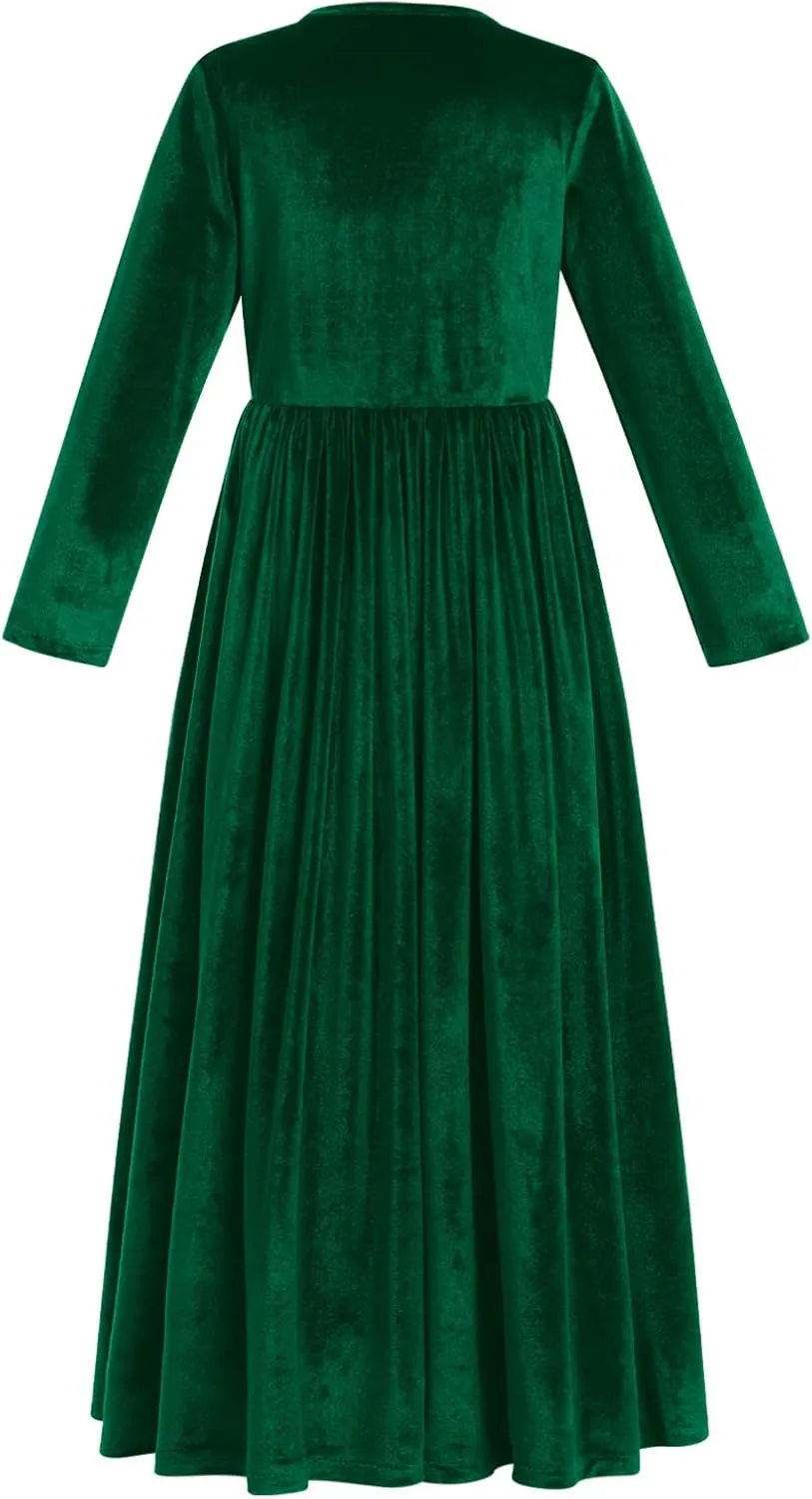 ODIZLI Kids Girls Dresses Long Sleeve Velvet Princess Maxi Dress Christmas Wedding Birthday Party Evening Gown with Pockets