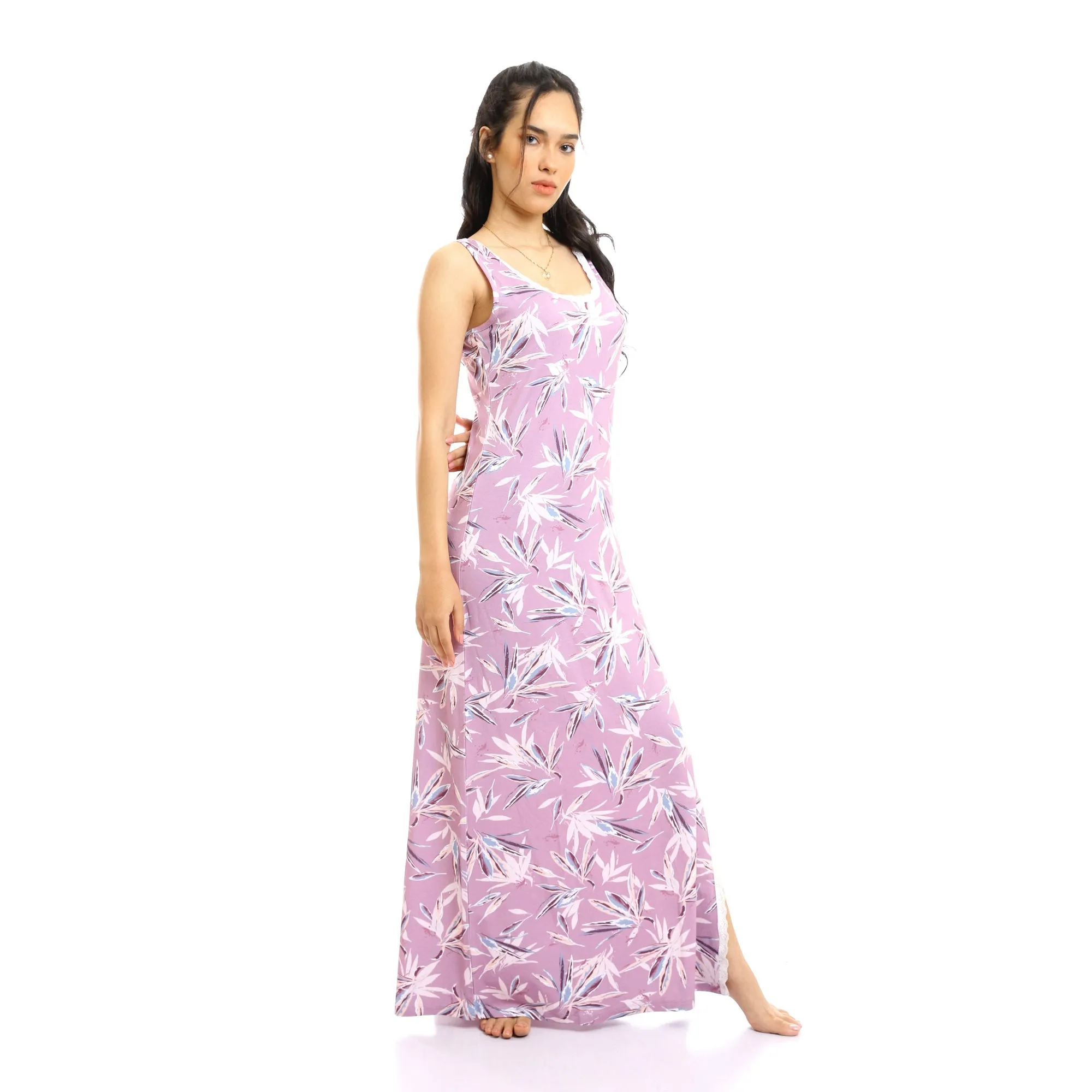 Patterned Sleeves Long Nightgown With Side Slit - Light Purple