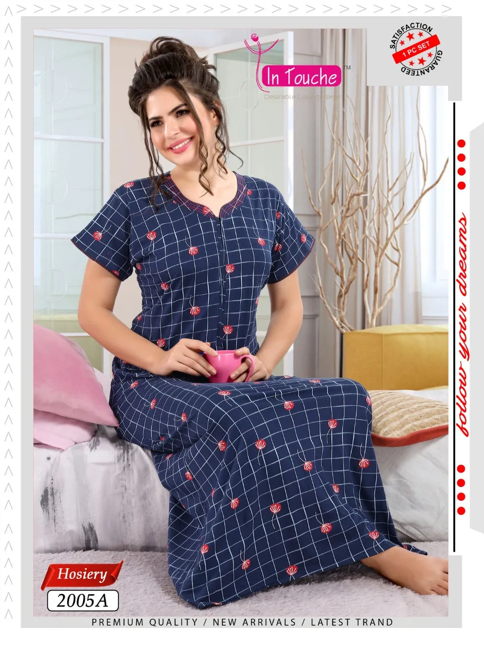 Printed Blue Cotton Maxi Night Dress Nighty for Ladies