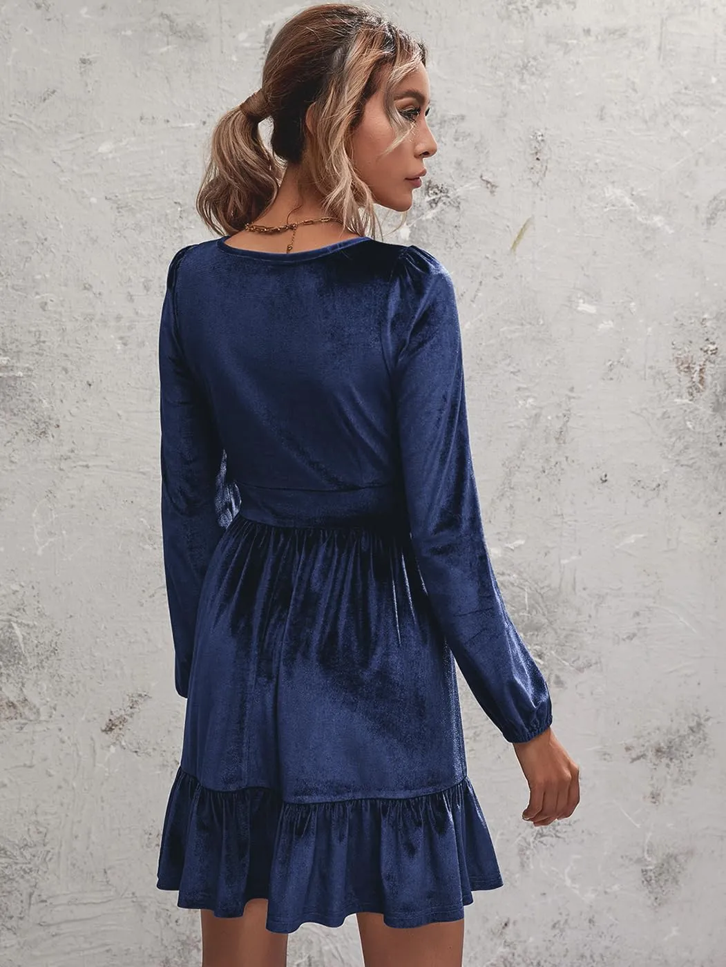 ROYLAMP Women's Dresses Velvet Deep V-Neck Long Sleeve Ruffle Mini Swing Sexy Cocktail Shift Dress