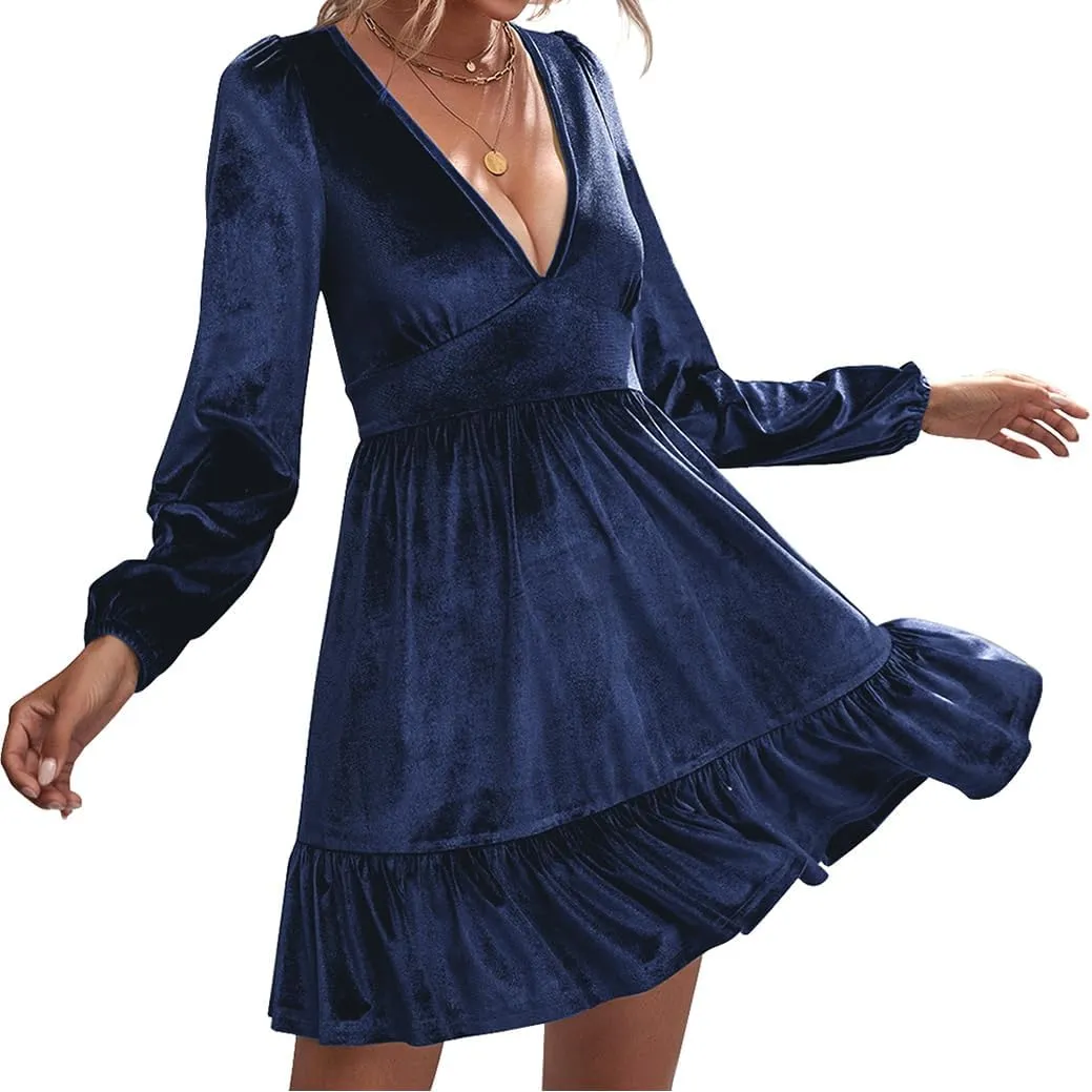 ROYLAMP Women's Dresses Velvet Deep V-Neck Long Sleeve Ruffle Mini Swing Sexy Cocktail Shift Dress