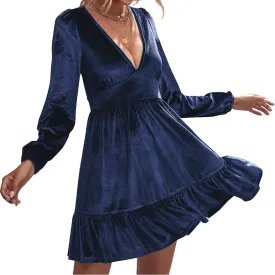 ROYLAMP Women's Dresses Velvet Deep V-Neck Long Sleeve Ruffle Mini Swing Sexy Cocktail Shift Dress