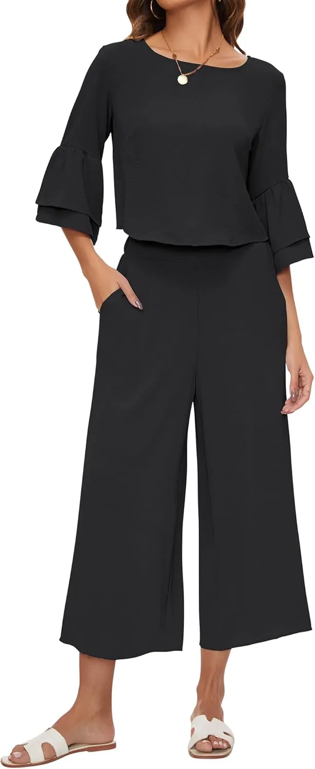 ROYLAMP Women's Summer 2 Piece Outfits Bell Sleeve Round Neck Crop Top Wide Leg Pants Set Matching Lounge Set with pockets