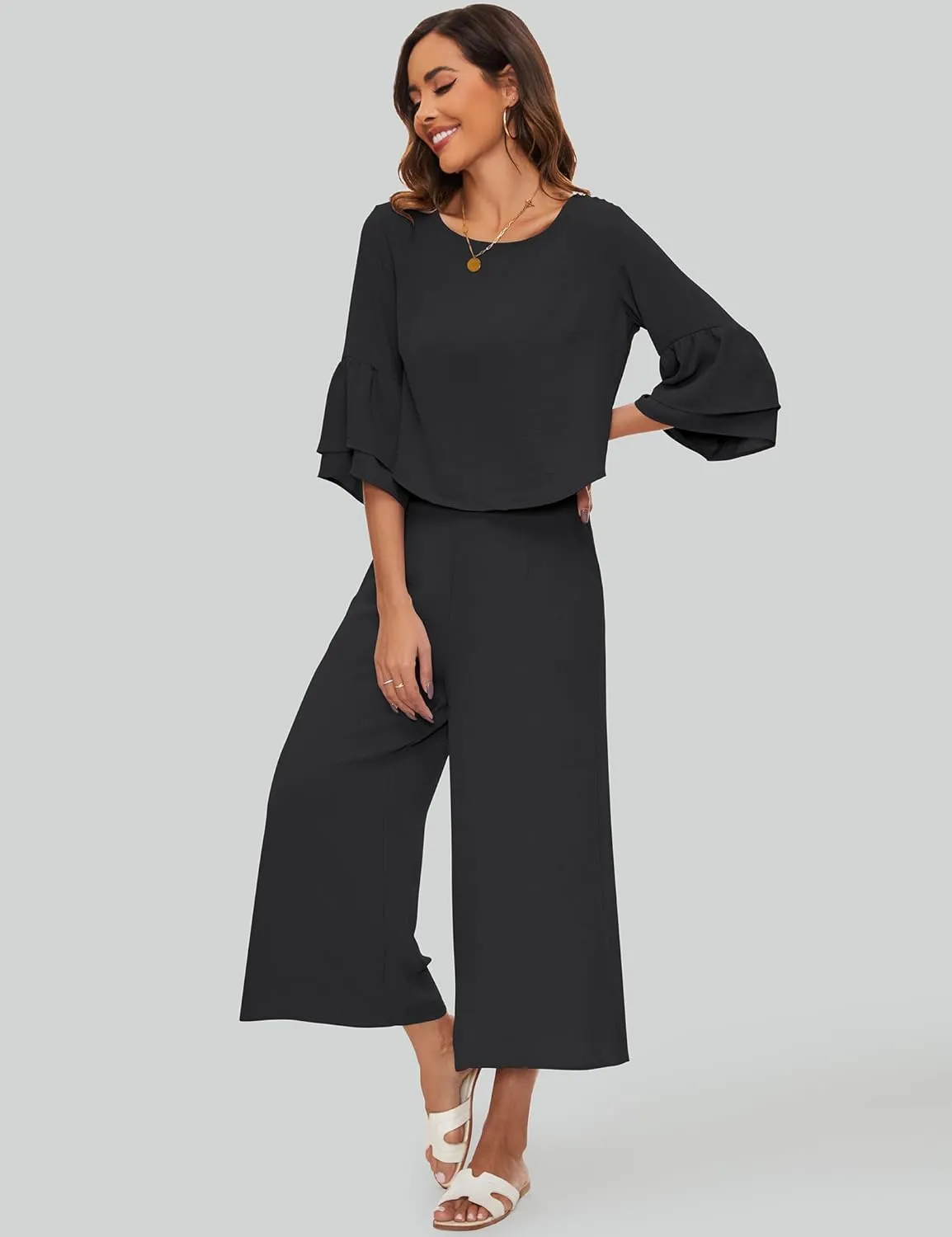 ROYLAMP Women's Summer 2 Piece Outfits Bell Sleeve Round Neck Crop Top Wide Leg Pants Set Matching Lounge Set with pockets