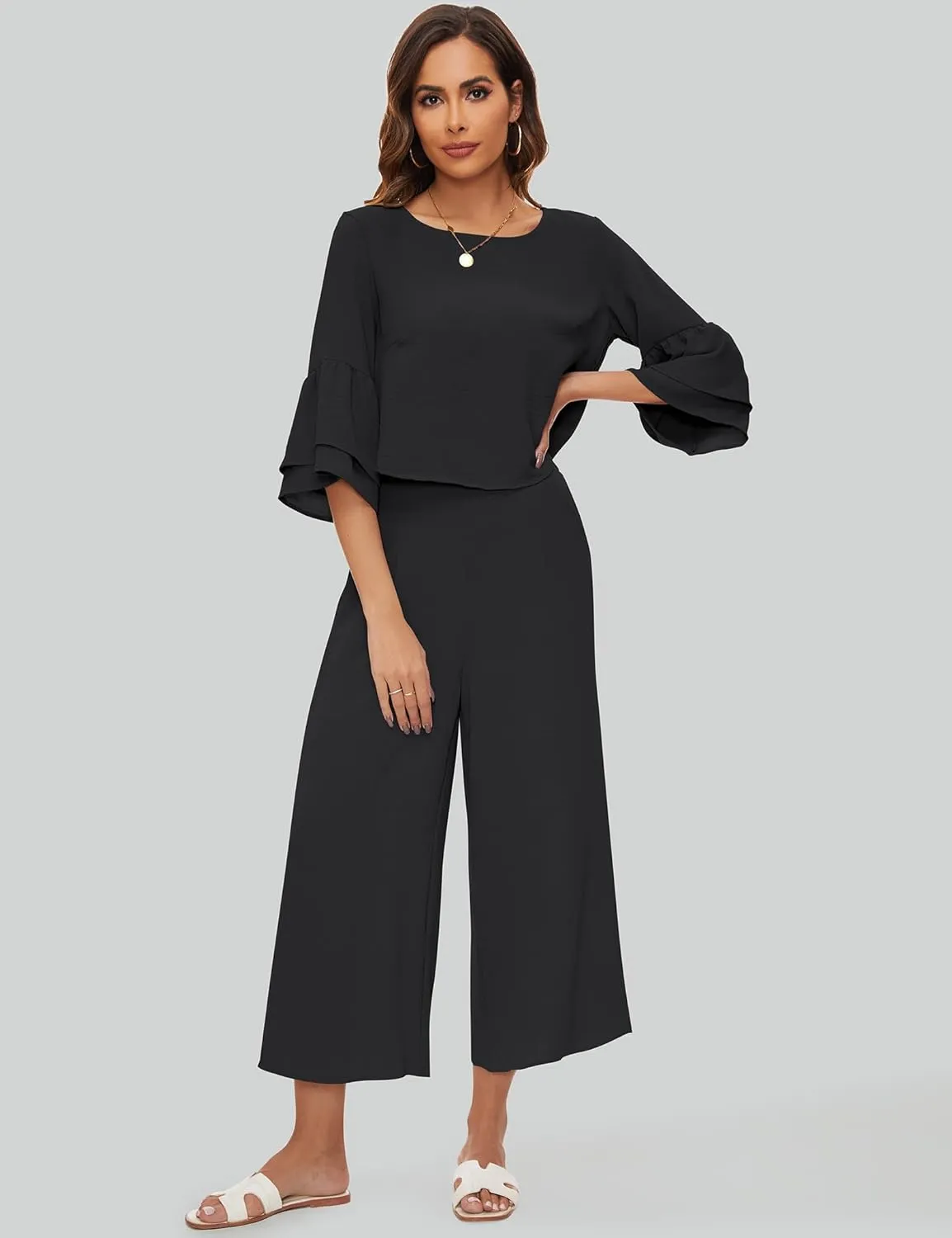 ROYLAMP Women's Summer 2 Piece Outfits Bell Sleeve Round Neck Crop Top Wide Leg Pants Set Matching Lounge Set with pockets