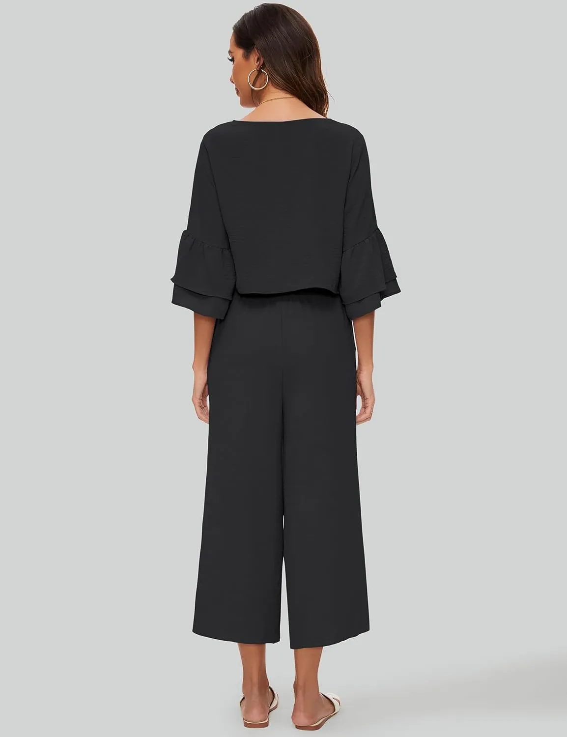 ROYLAMP Women's Summer 2 Piece Outfits Bell Sleeve Round Neck Crop Top Wide Leg Pants Set Matching Lounge Set with pockets