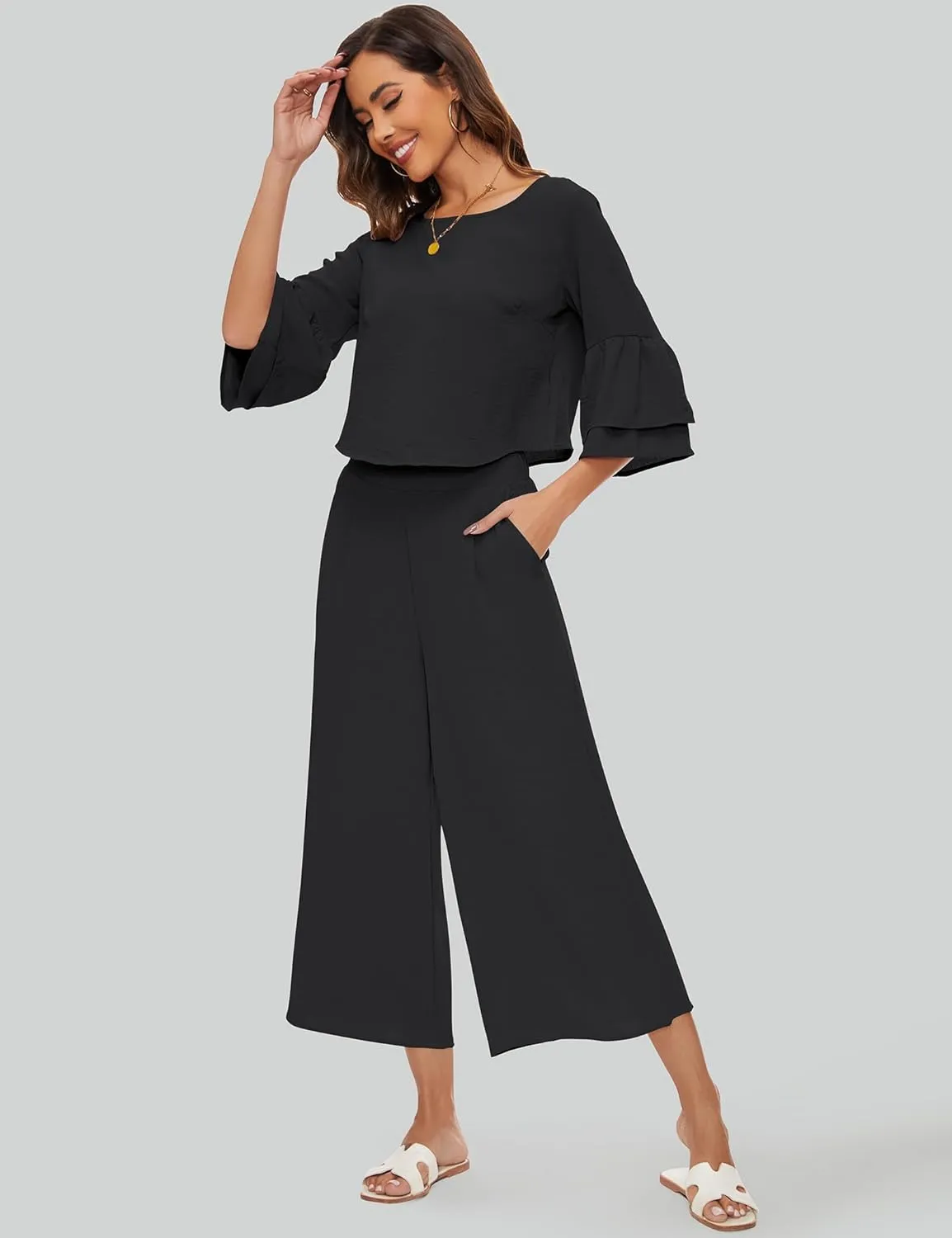 ROYLAMP Women's Summer 2 Piece Outfits Bell Sleeve Round Neck Crop Top Wide Leg Pants Set Matching Lounge Set with pockets