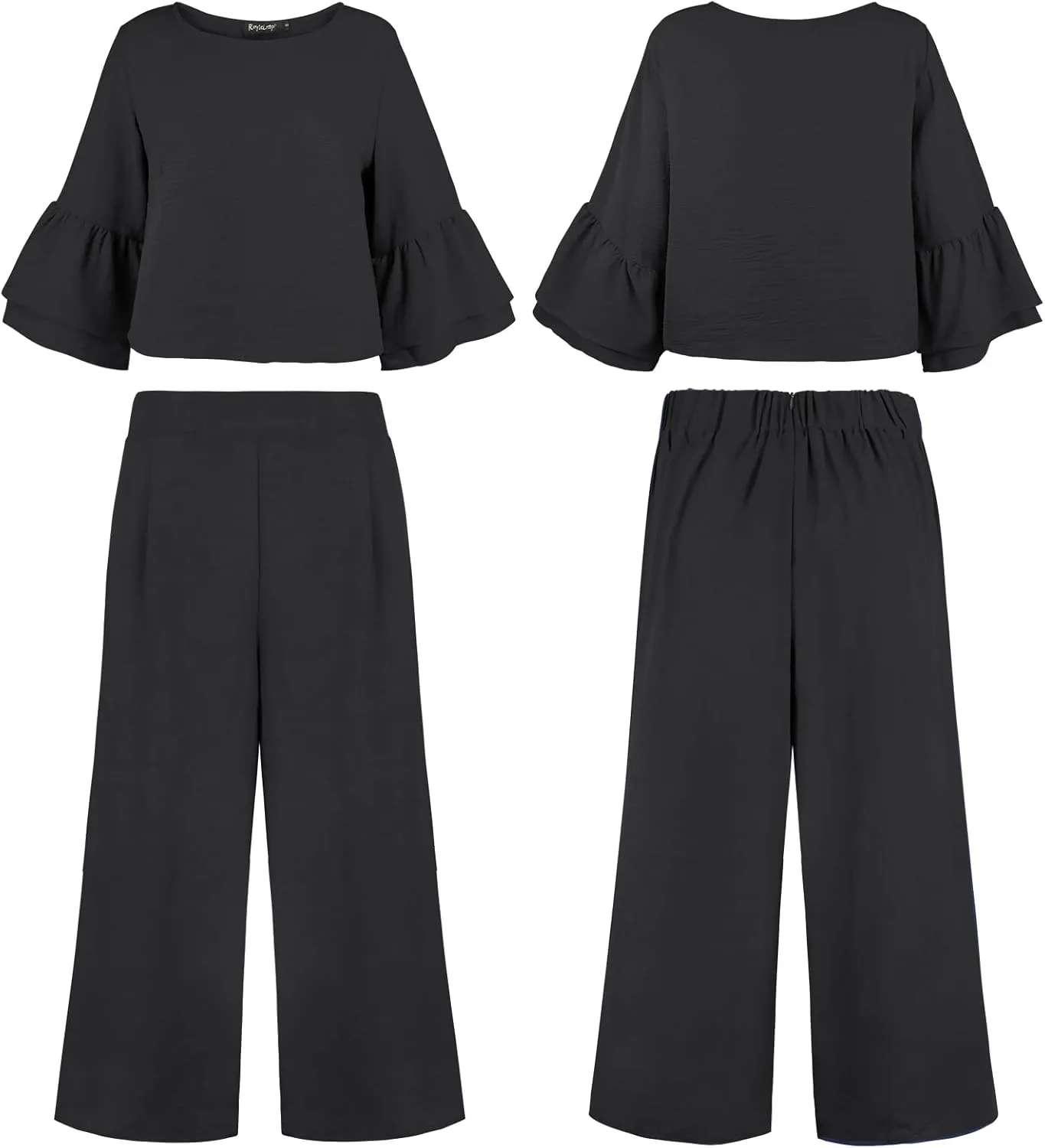 ROYLAMP Women's Summer 2 Piece Outfits Bell Sleeve Round Neck Crop Top Wide Leg Pants Set Matching Lounge Set with pockets