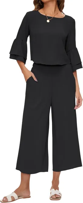 ROYLAMP Women's Summer 2 Piece Outfits Bell Sleeve Round Neck Crop Top Wide Leg Pants Set Matching Lounge Set with pockets