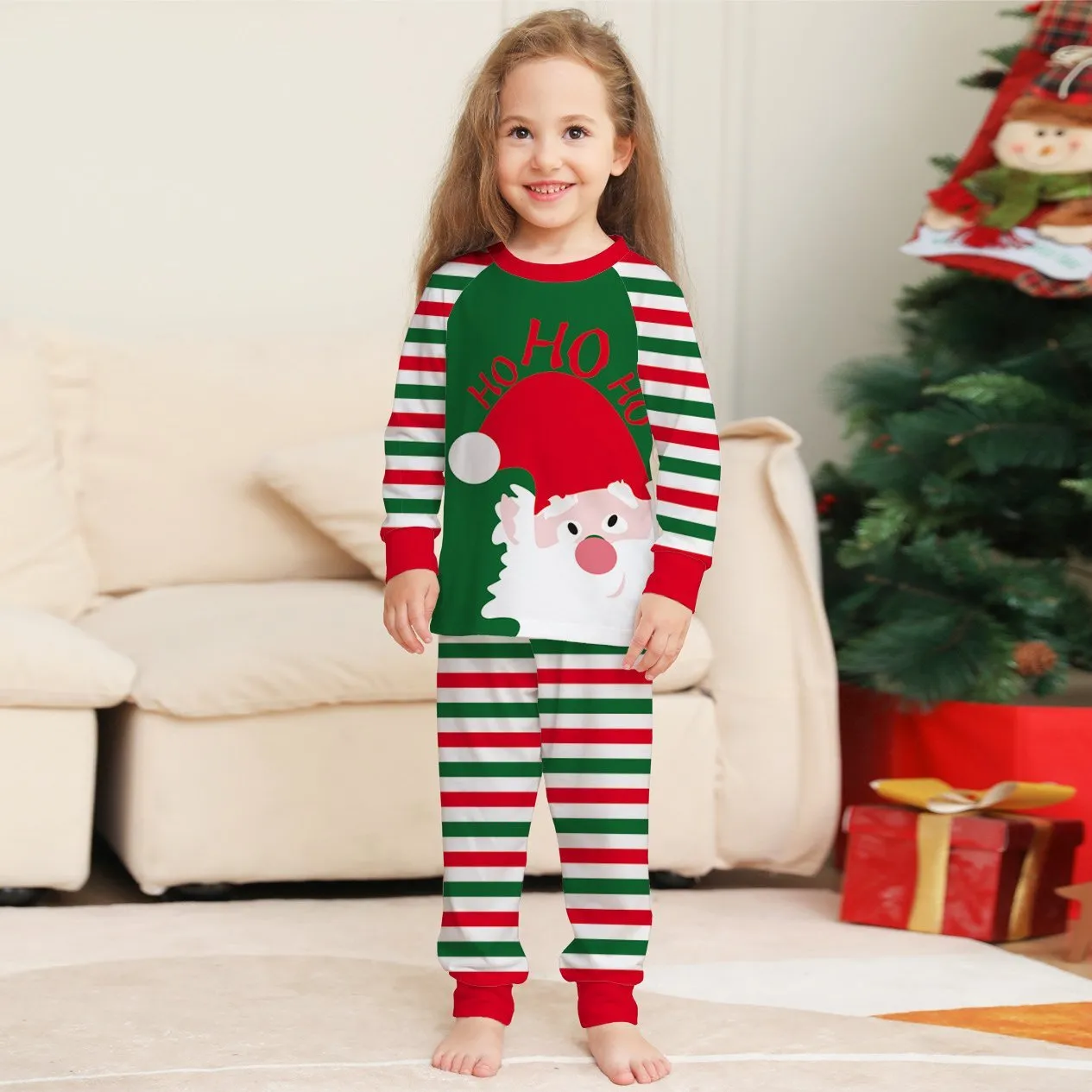 Santa Stripes Green White Christmas Family Couples Matching Pajamas Party Sets
