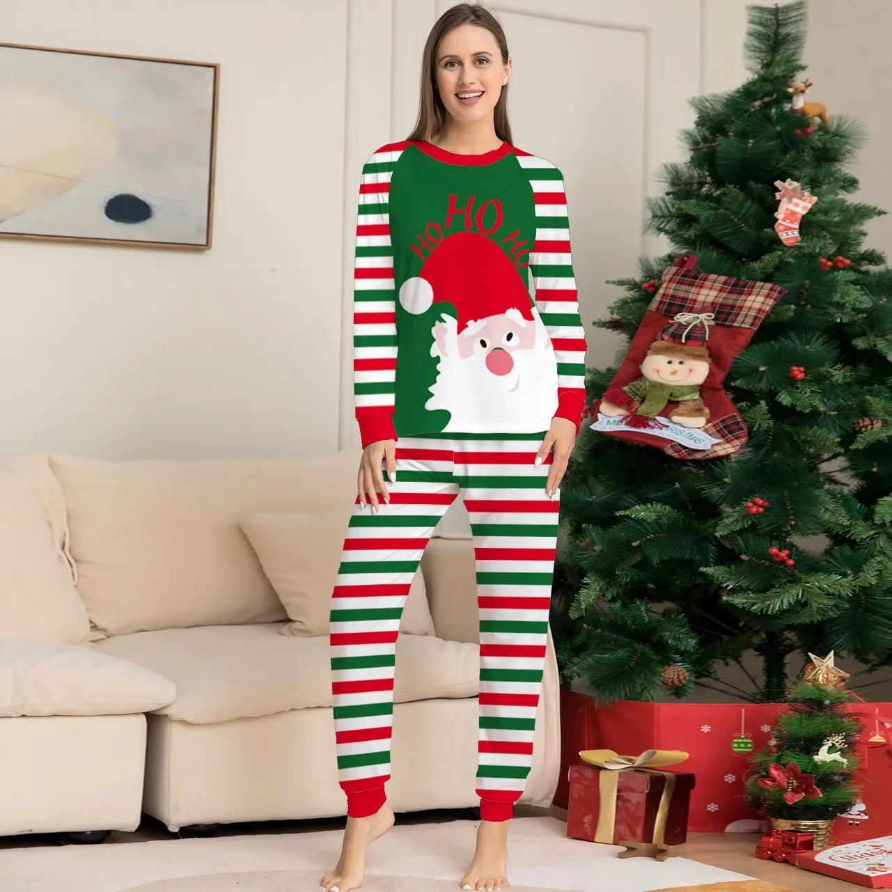 Santa Stripes Green White Christmas Family Couples Matching Pajamas Party Sets