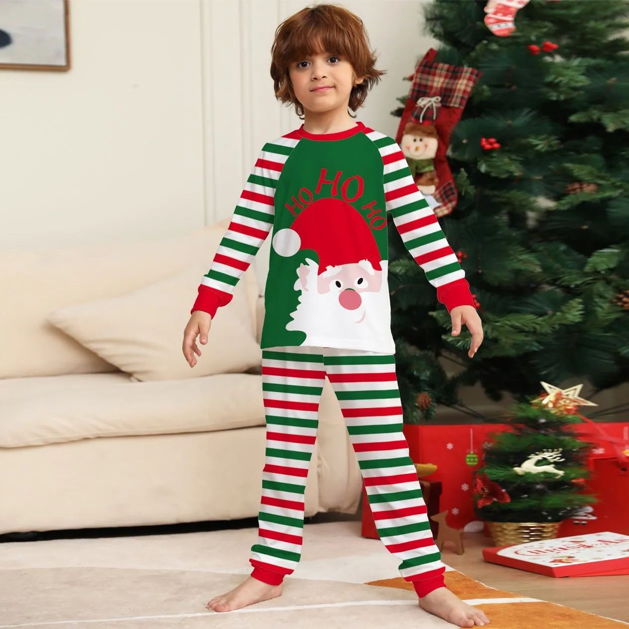 Santa Stripes Green White Christmas Family Couples Matching Pajamas Party Sets