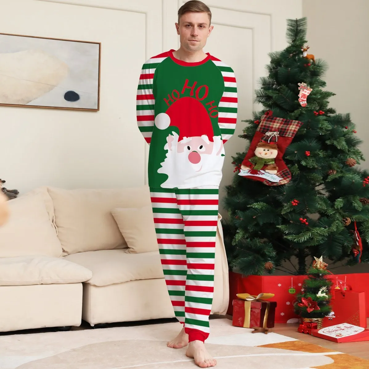 Santa Stripes Green White Christmas Family Couples Matching Pajamas Party Sets