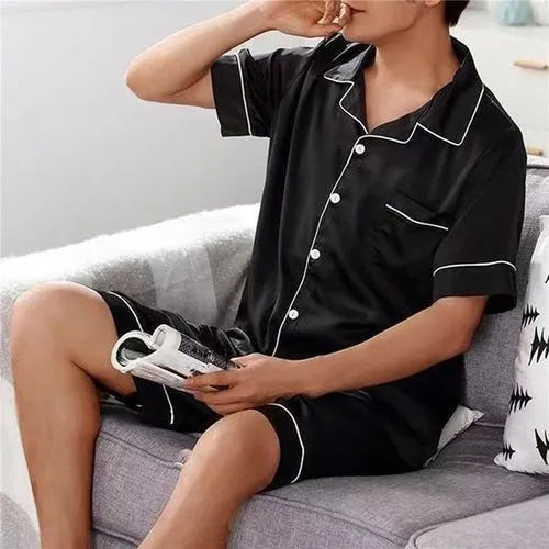 Satin Pyjama Short Sleeve Set for Men Navy Blue or Black