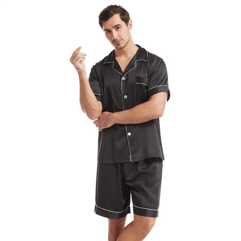 Satin Pyjama Short Sleeve Set for Men Navy Blue or Black