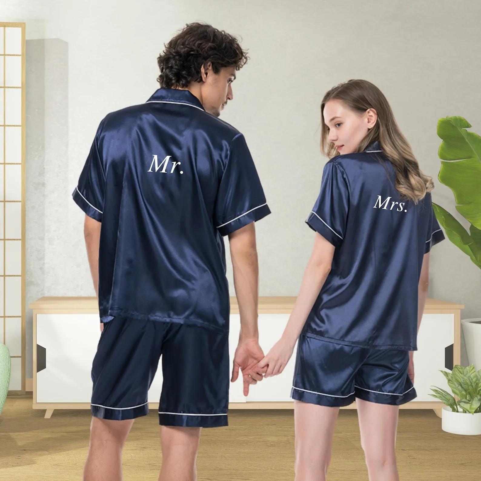 Satin Pyjama Short Sleeve Set for Men Navy Blue or Black