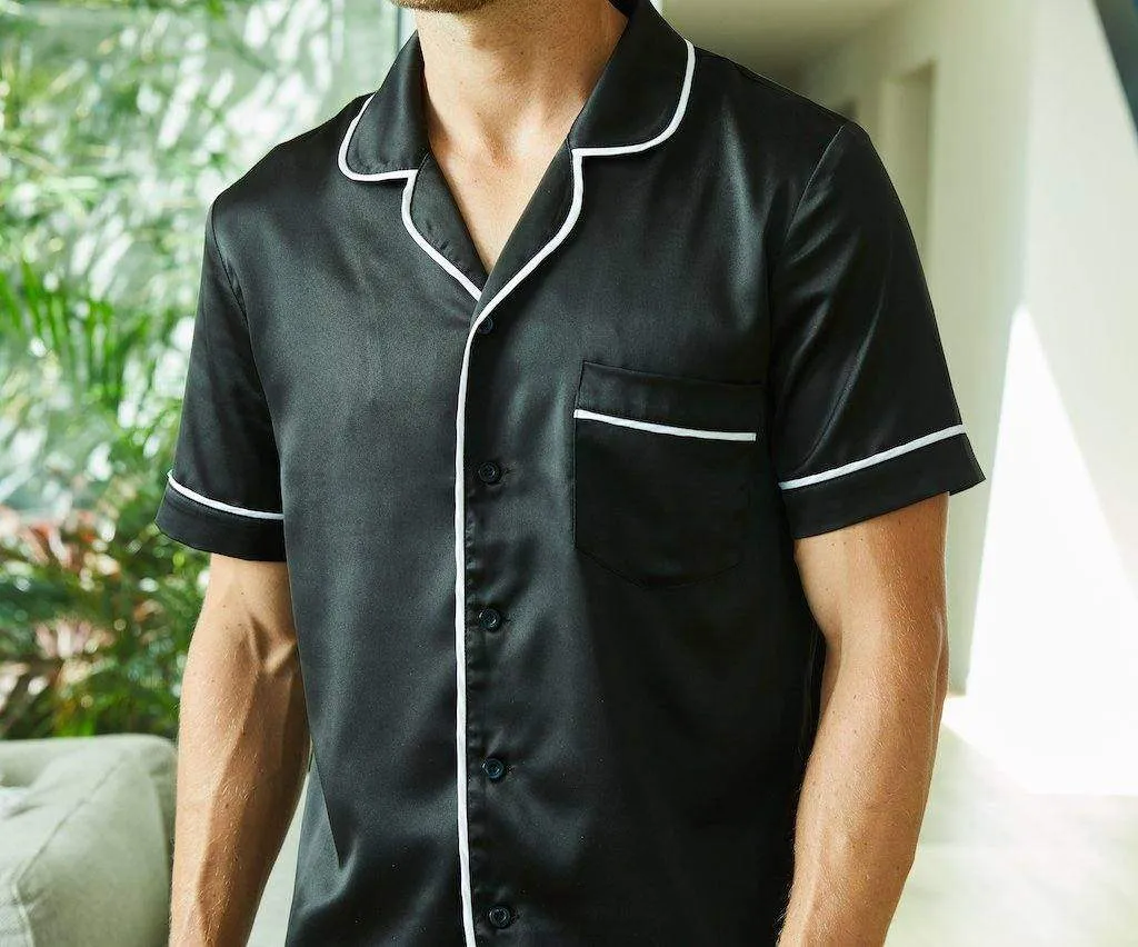 Satin Pyjama Short Sleeve Set for Men Navy Blue or Black