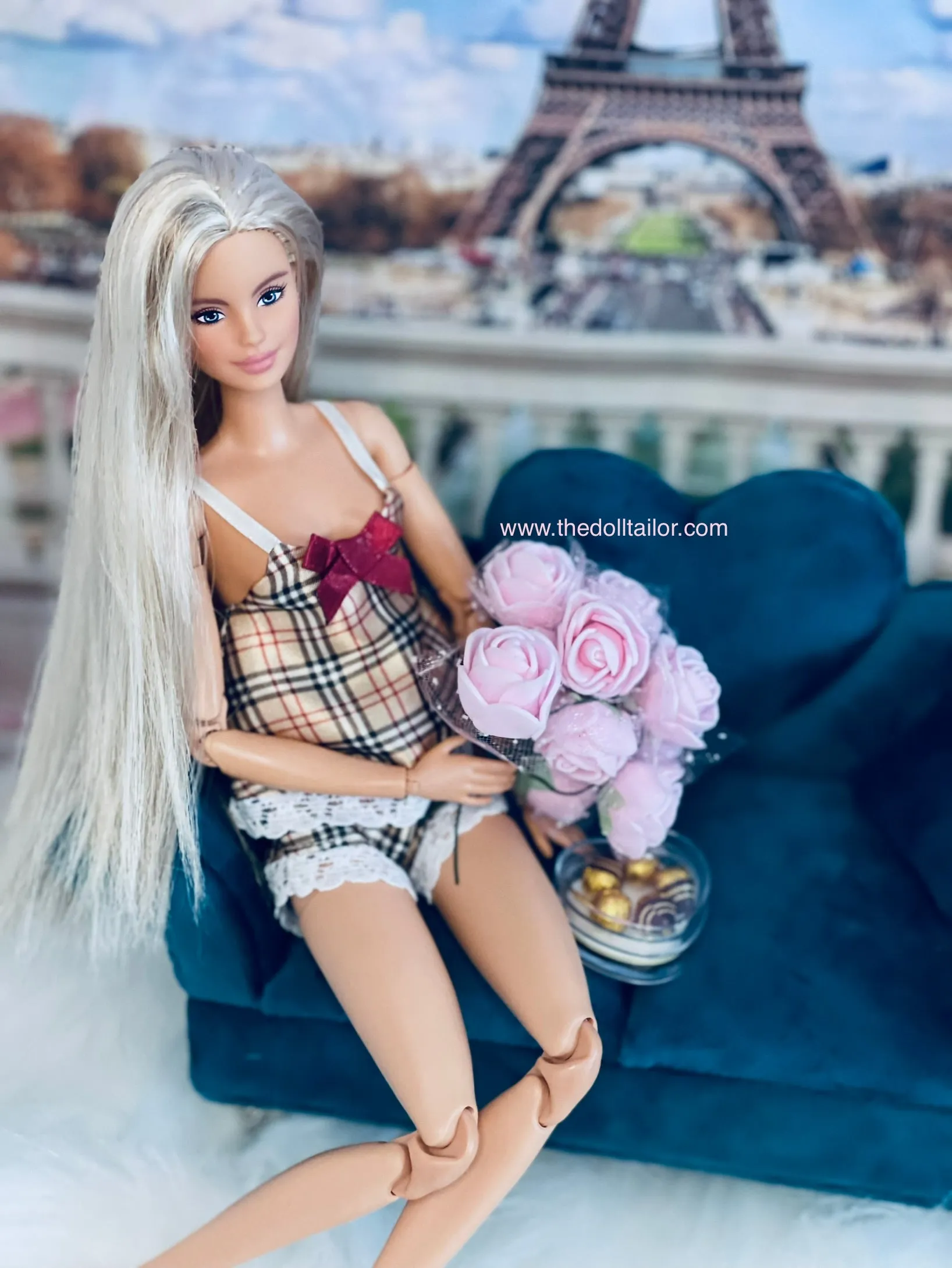 Satin Tartan lingerie pajama set for Barbie dolls