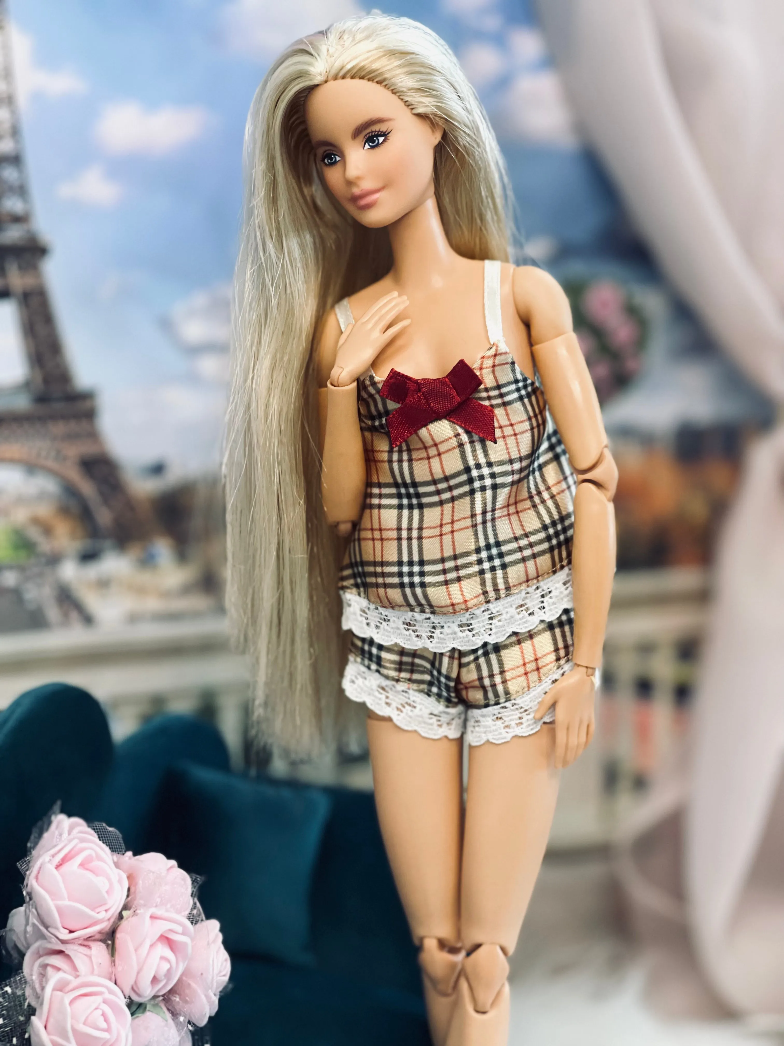 Satin Tartan lingerie pajama set for Barbie dolls