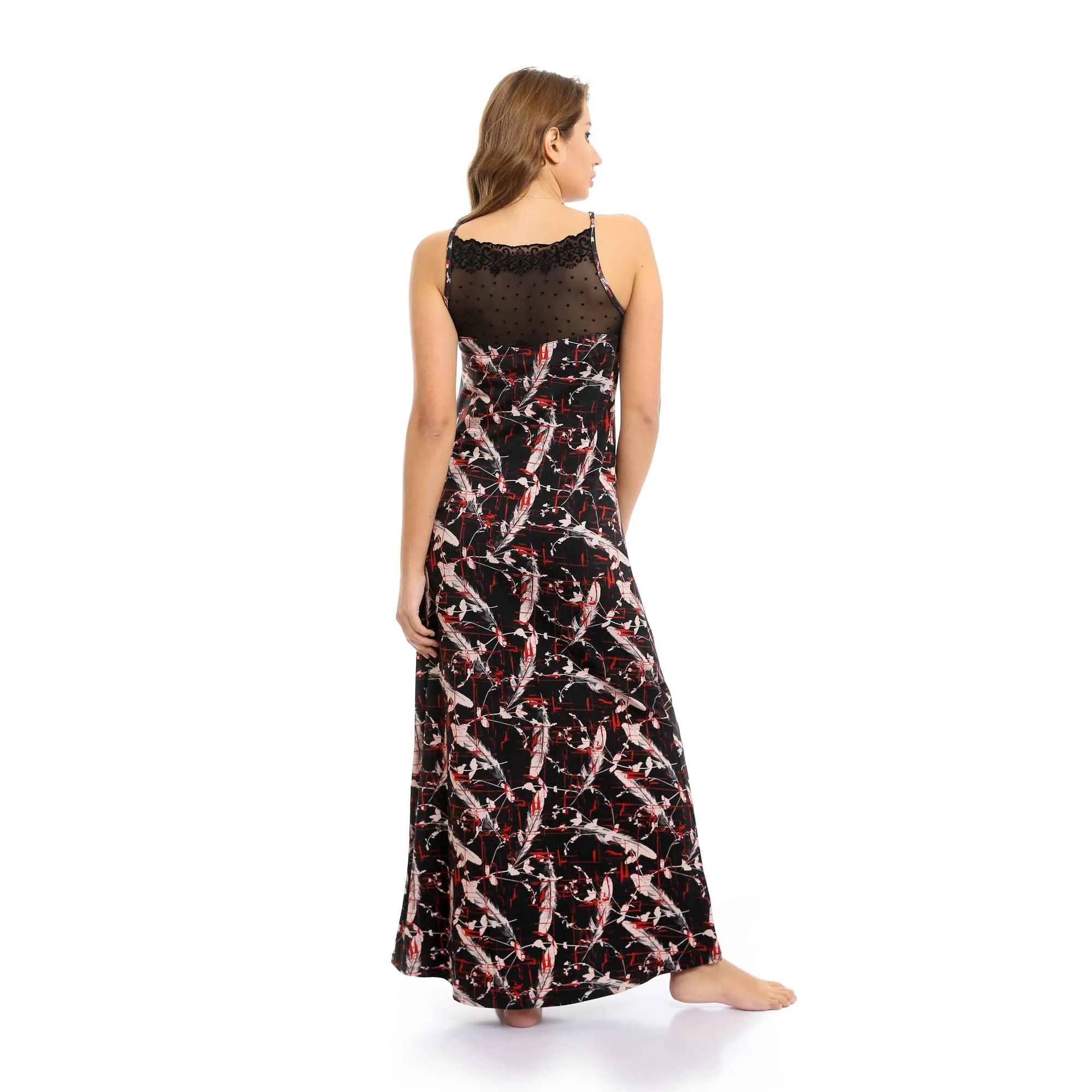 Sheer Chest Spaghetti Sleeves Long Nightgown - Black