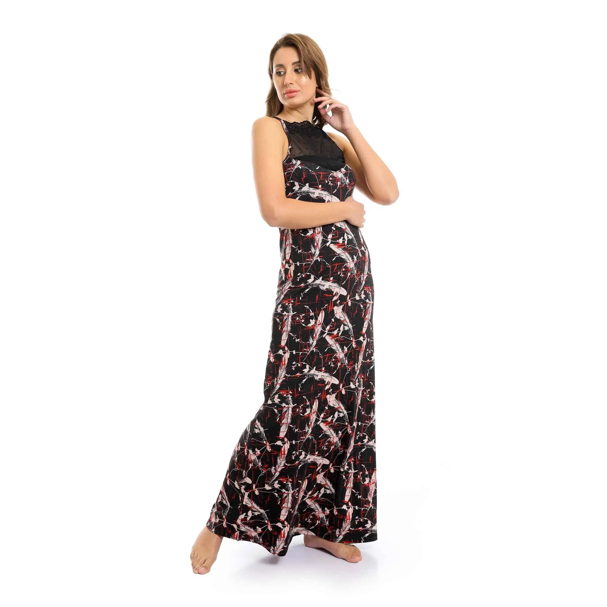 Sheer Chest Spaghetti Sleeves Long Nightgown - Black