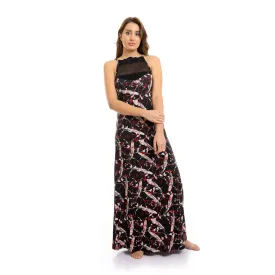 Sheer Chest Spaghetti Sleeves Long Nightgown - Black
