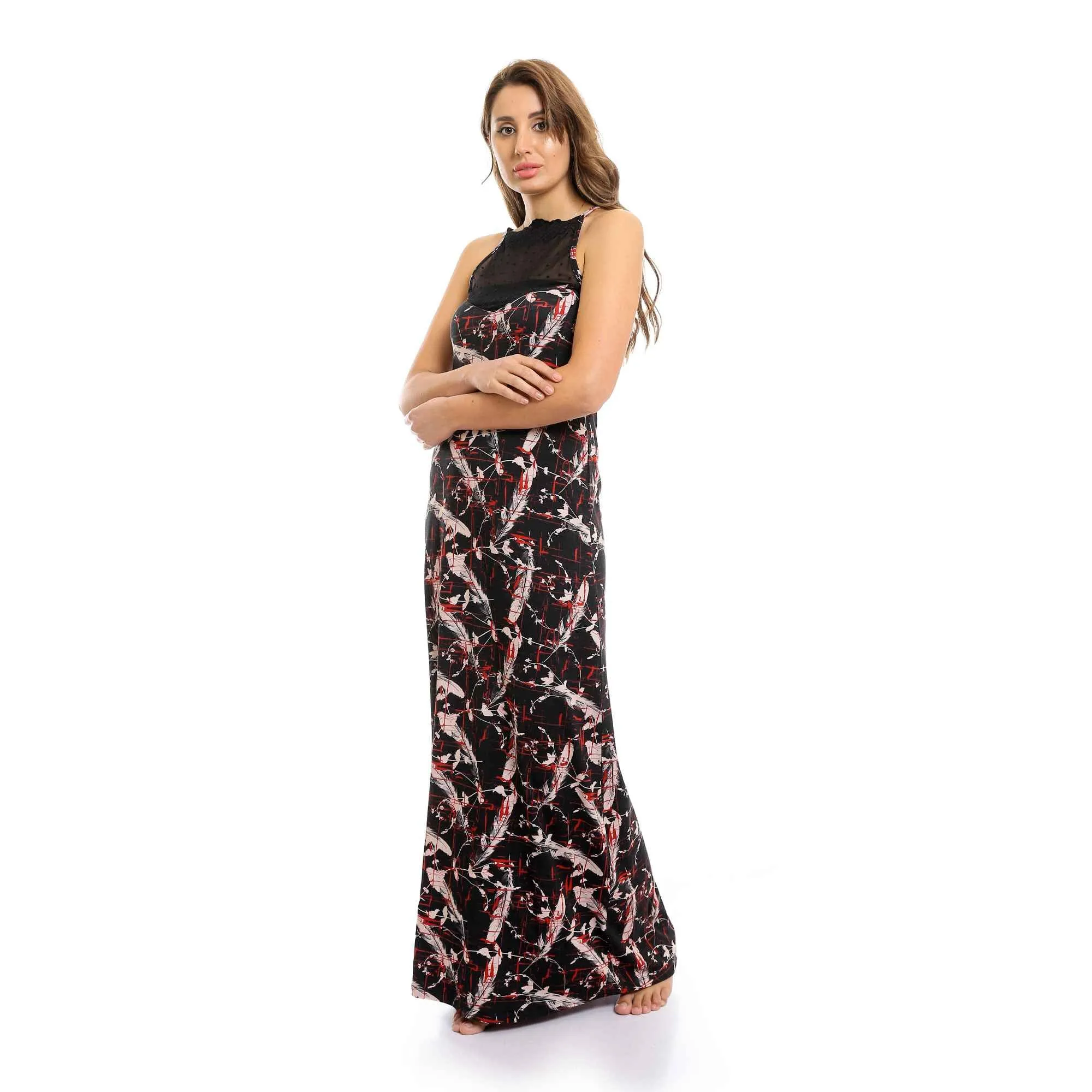 Sheer Chest Spaghetti Sleeves Long Nightgown - Black