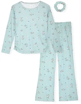 Sleep On It Girls 2-Piece Hacci Pajama Set with Matching Scrunchie - Floral