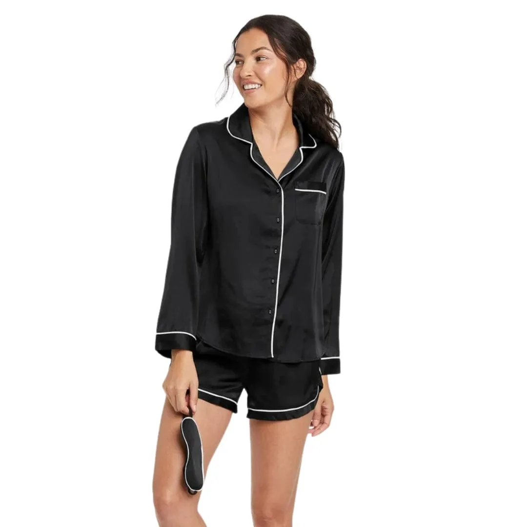 STARS ABOVE - 3pc Satin Long Sleeve Notch Collar Top and Shorts Pajama