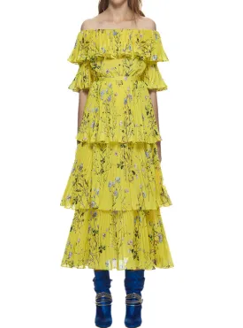 TastyHottie - Runway Yellow Dress Ruffle Pleated Printing Bohemian Long Dress