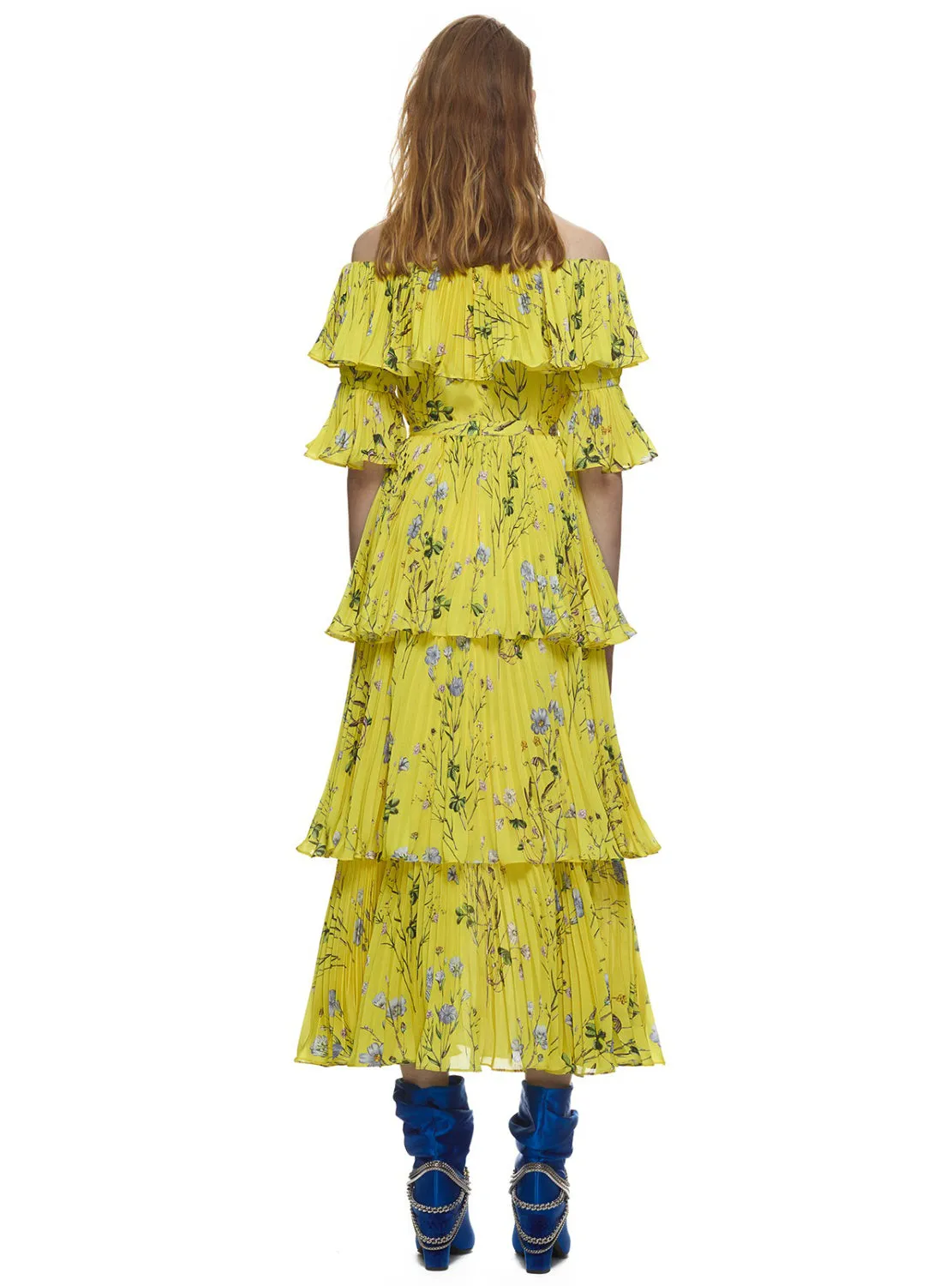 TastyHottie - Runway Yellow Dress Ruffle Pleated Printing Bohemian Long Dress