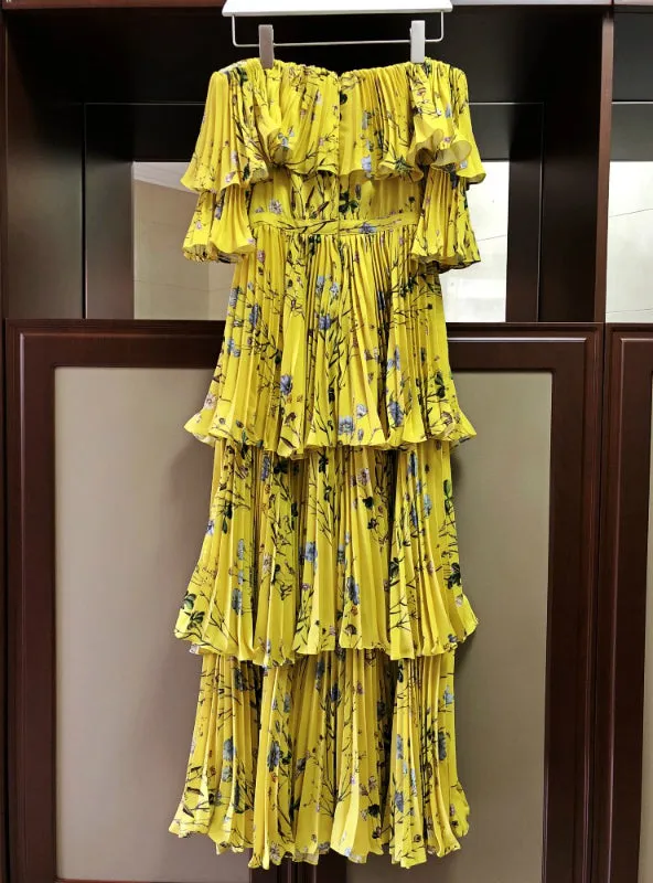 TastyHottie - Runway Yellow Dress Ruffle Pleated Printing Bohemian Long Dress