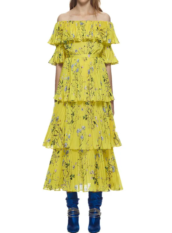 TastyHottie - Runway Yellow Dress Ruffle Pleated Printing Bohemian Long Dress