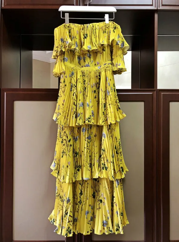 TastyHottie - Runway Yellow Dress Ruffle Pleated Printing Bohemian Long Dress