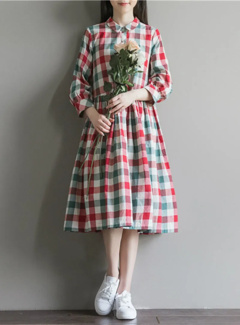 TastyHottie - Turn Down Collar Loose Cotton Linen lolita Plaid Dress