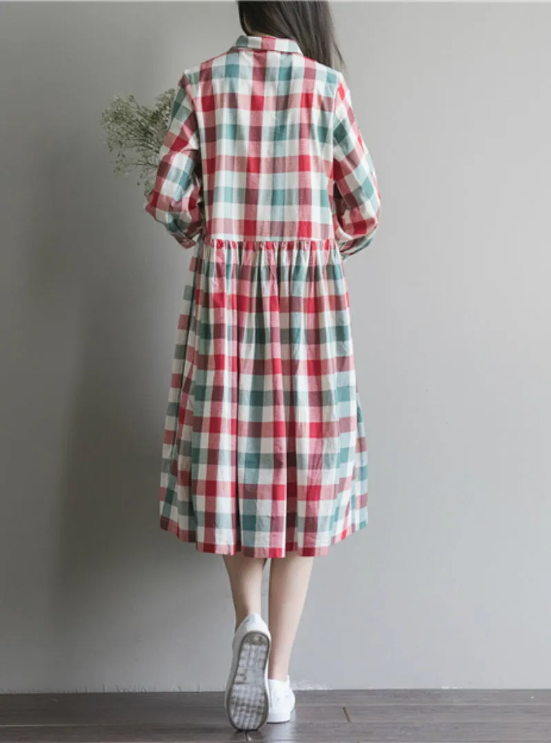 TastyHottie - Turn Down Collar Loose Cotton Linen lolita Plaid Dress