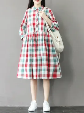 TastyHottie - Turn Down Collar Loose Cotton Linen lolita Plaid Dress