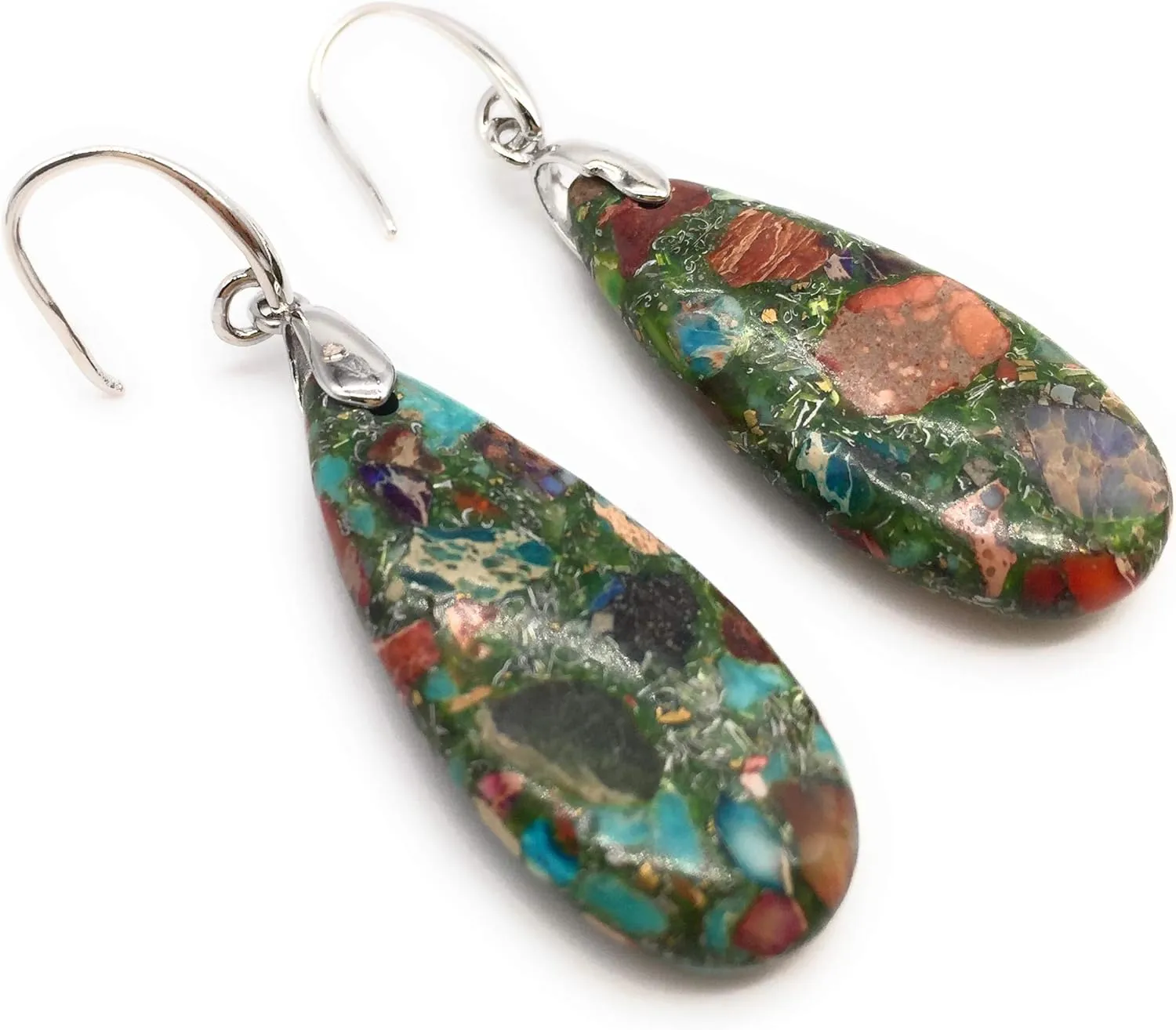 Teardrop Sea Sediment Imperial Jasper Natural Stone Gemstone Necklace Pendant & Drop Dangle Hook Earrings Jewelry Set For Women
